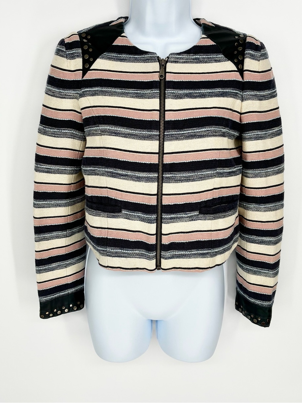 Rebecca Minkoff Stanford Striped Studded Leather Trim Blazer Jacket Sz 0